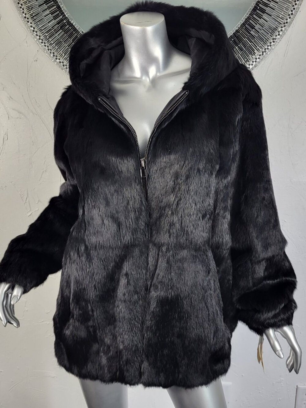NWT~$600~ADRIENNE LANDAU~M/L~BLACK GENUINE REAL RABBIT FUR BOMBER JACKET COAT - Picture 6 of 16
